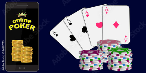online poker poster on a dark blue background. vector illustration.