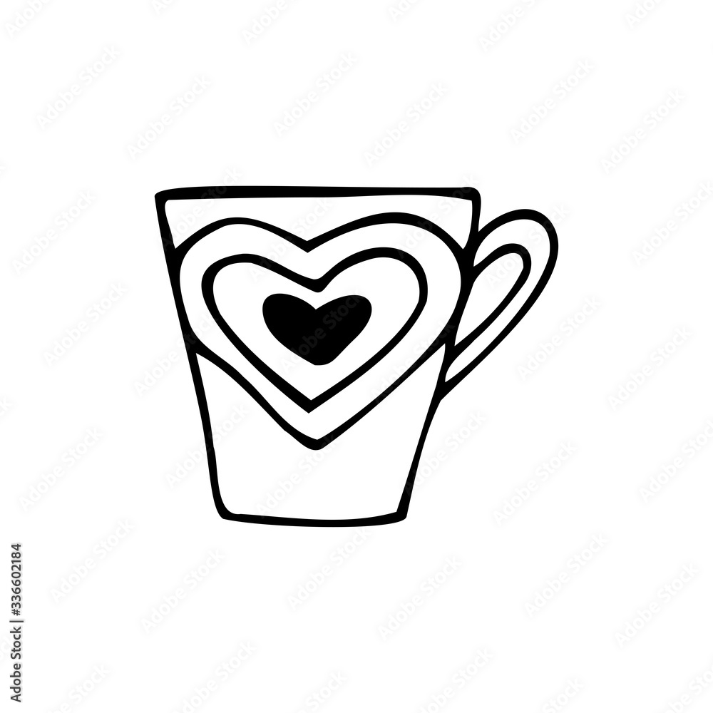 Hand drawn cup for hot drinks decorated with hearts isolated on a white background. Doodle, simple outline illustration. It can be used for decoration of textile, paper.