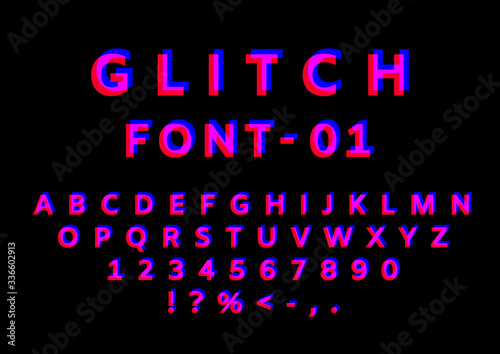 Glitch font with distortion effect. English letters, numbers and symbols with glitch effect. Red and blue channels. Eps 10