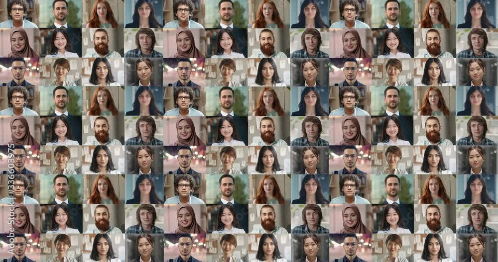 Collage of portraits of multi- ethnic and cultural happy people from all around the world, looking at camera and positively smiling - globalization, diversity concept 4k footage