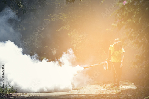 Health worker Fumigation fogging hygiene prevention of coronavirus or covid-19 outbreak. photo