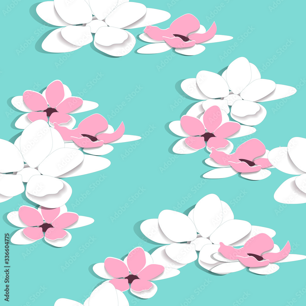 Paper seamless pattern in japanese style. Paper cut flowers on a turquoise background. Origami vector endless texture for fabric, home textile, bedding.
