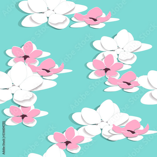 Paper seamless pattern in japanese style. Paper cut flowers on a turquoise background. Origami vector endless texture for fabric  home textile  bedding.