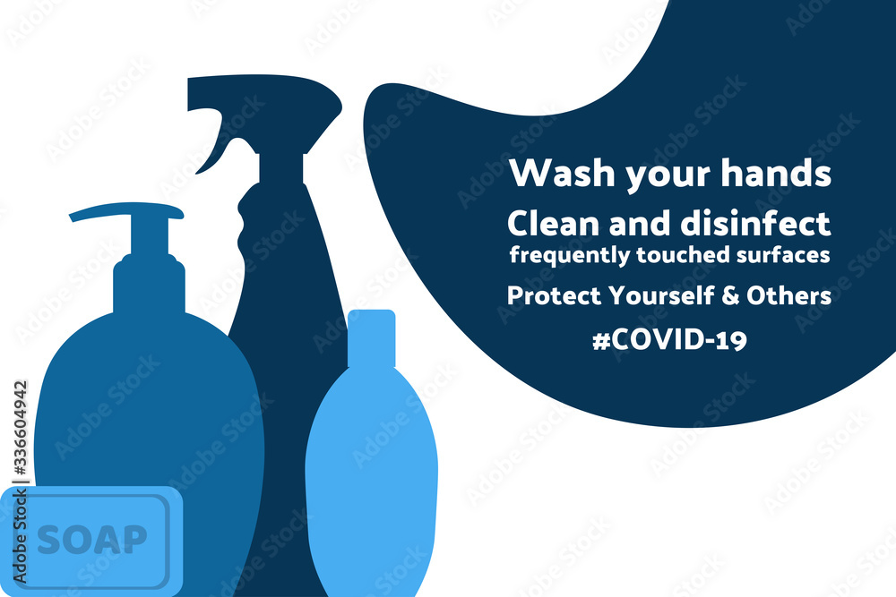 Disinfection equipment. COVID-19 coronavirus prevention. Template for background, banner, poster with text inscription. Vector EPS10 illustration Disinfection equipment. COVID-19 coronavirus prevention. Template for background, banner, poster with text inscription. Vector EPS10 illustration