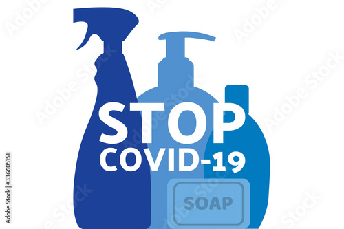 Disinfection equipment. COVID-19 coronavirus prevention. Template for background, banner, poster with text inscription. Vector EPS10 illustration