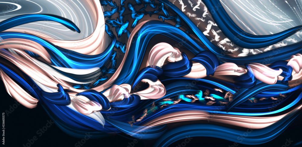 Luxury abstract fluid art, ink blur background, classic blue, gold. Liquid acrylic, epoxy futuristic painting. Slice of stone. Symmetric reflection.