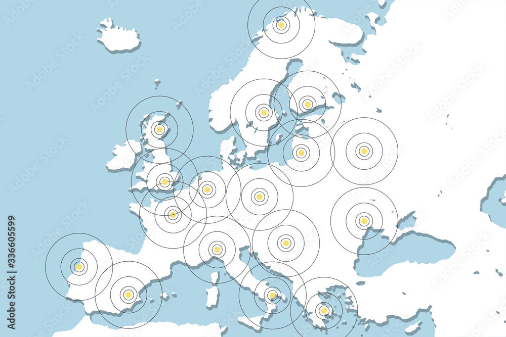 Obraz premium Mobile Phone Tracking. Illustration with map of Europe and mobile phones.