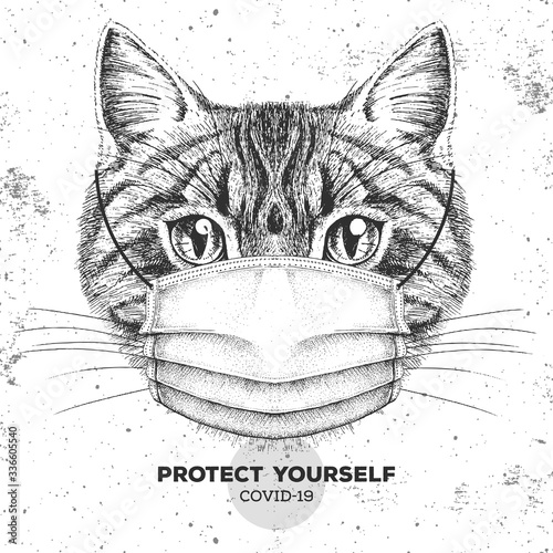 Animal cat wearing face medical mask. Covid-19 protection methods. Coronavirus Quarantine Warning. Vector illustration photo