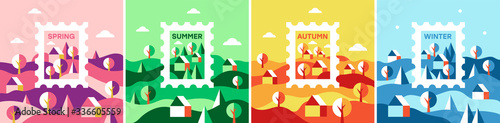 Vector set of illustrations in a flat style. Composition of the four seasons  spring  summer  autumn and winter.