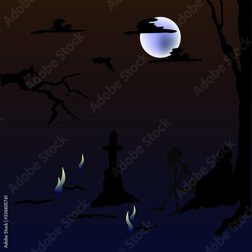 Halloween, cemetery, cross, gravestone, flame, skeleton. Vector illustration.