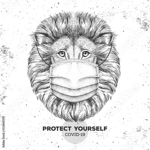 Hand drawing Animal lion wearing face medical mask. Covid-19 protection methods. Coronavirus Quarantine Warning. Vector illustration photo