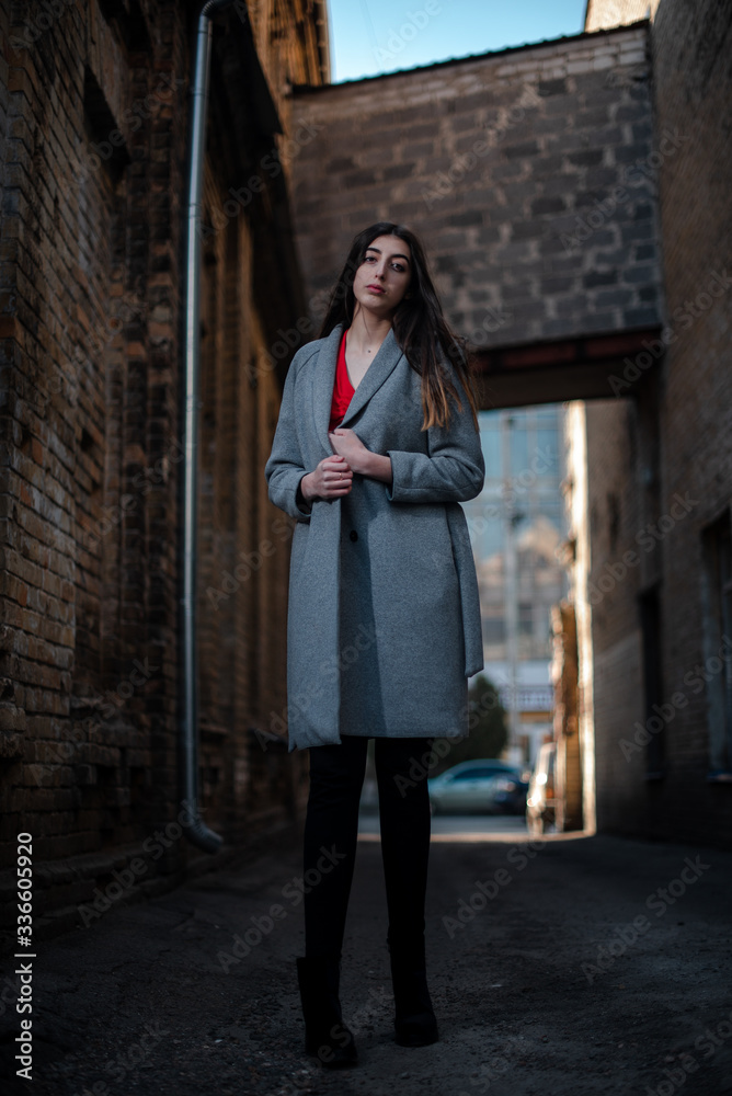 Girl in a red blouse and a gray cardigan on the background of the old brick wall Girl in a red blouse and a gray cardigan on the background of the old brick wall