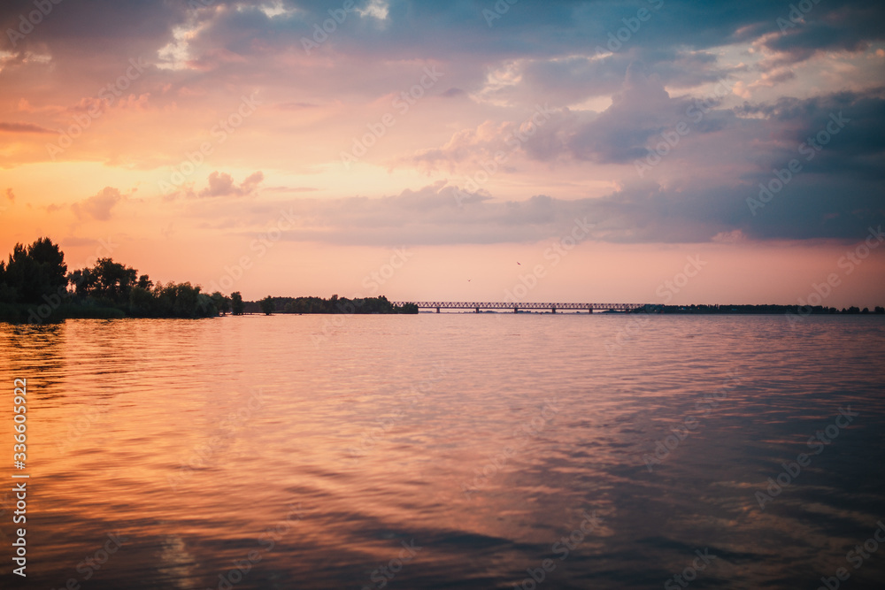 Summer landscape evening sunset Dnieper river bank