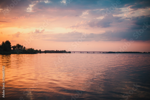 Summer landscape evening sunset Dnieper river bank