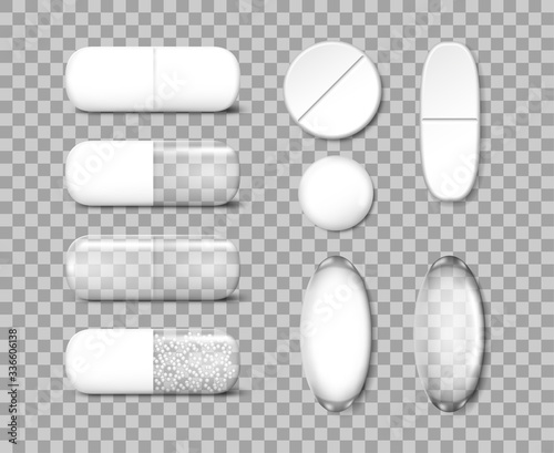Medicine painkiller pills template. Antibiotic drugs and vitamin pill Mockup. Vector illustration