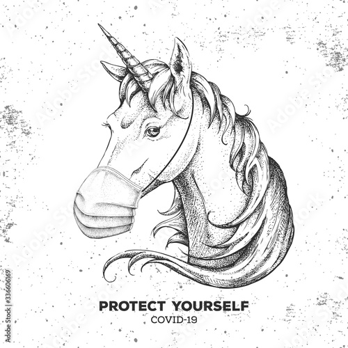 Hand drawing Animal unicorn wearing face medical mask. Covid-19 protection methods. Coronavirus Quarantine Warning. Vector illustration photo