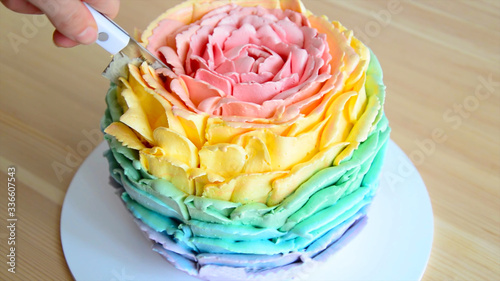  Sponge cake multi-colored, cut a piece of cake. Cut the cake with a knife