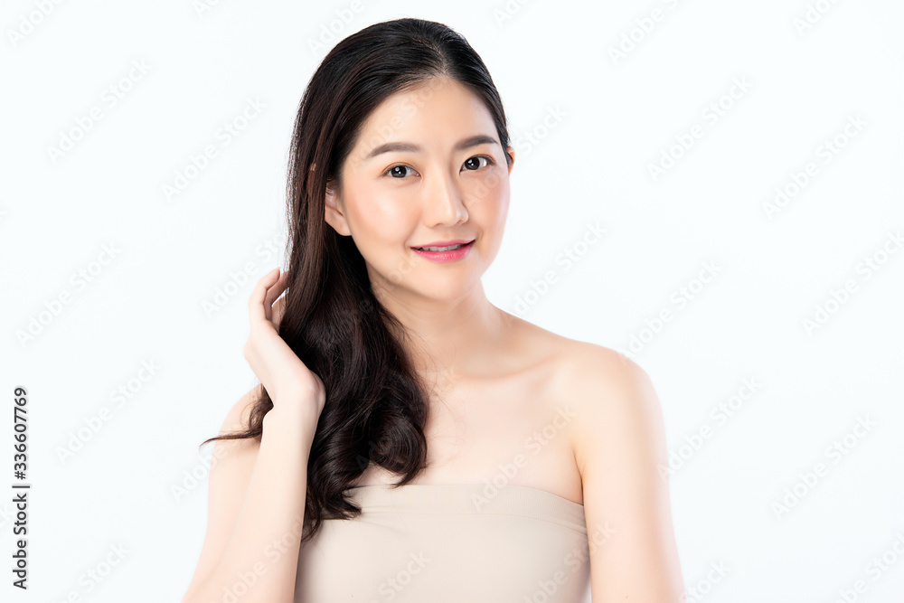 Beautiful Young Asian Woman with Clean Fresh Skin. Face care, Facial treatment, Cosmetology, beauty and healthy skin and cosmetic concept, woman beauty skin isolated on white background Beautiful Young Asian Woman with Clean Fresh Skin. Face care, Facial treatment, Cosmetology, beauty and healthy skin and cosmetic concept, woman beauty skin isolated on white background