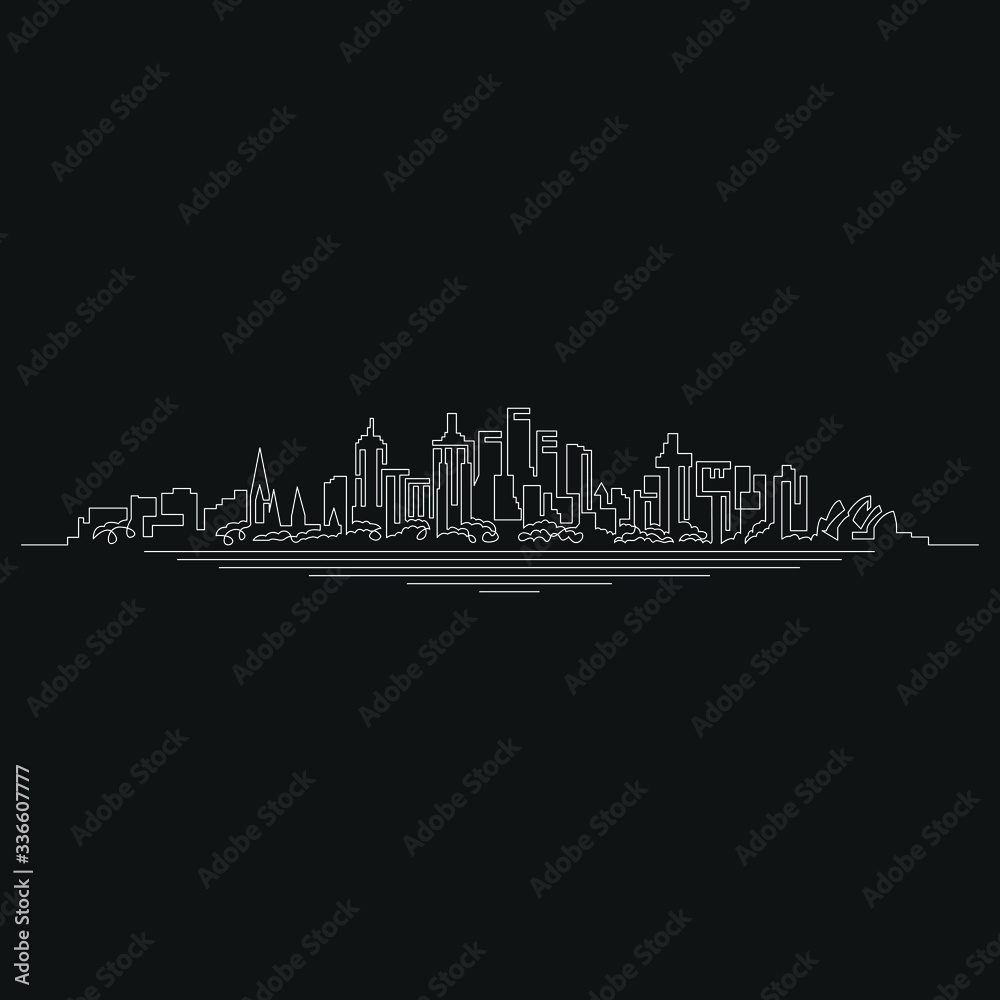 Continuous linear, city skyline. Minimalistic illustration