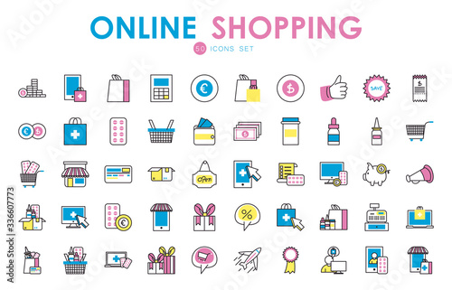 50 Shopping online and medical care fill style icon set vector design