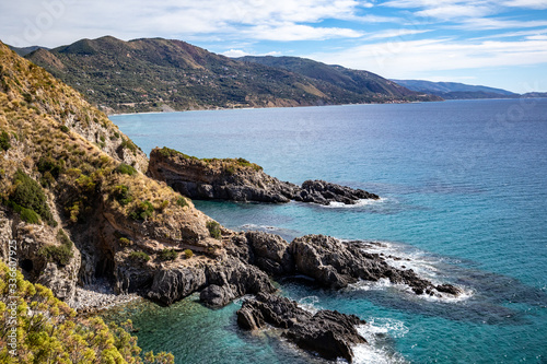 (telegraph tip) Punta del Telegrafo on the Tyrrhenian coast of Ascea Marina with the Mediterranean scrub. Cilento, Salerno, Campania, Italy