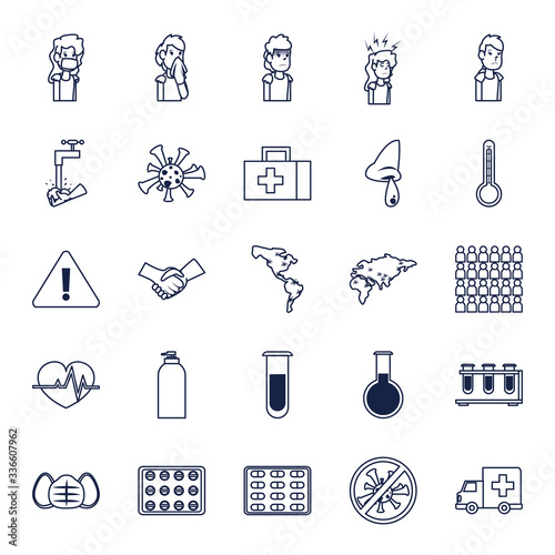 Covid 19 virus line style icon set vector design