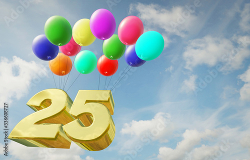 Golden number twenty five flies high in the sky in balloons. Happy birthday and anniversary
