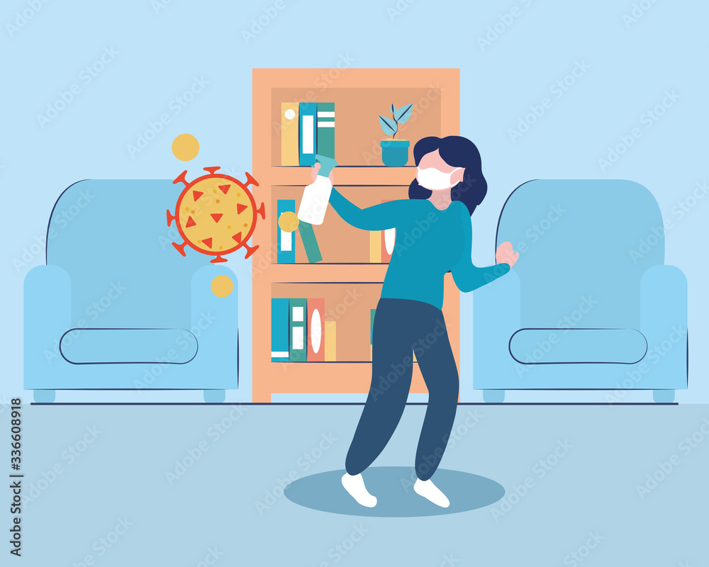 woman fighting coronavirus over house living room scenery woman fighting coronavirus over house living room scenery