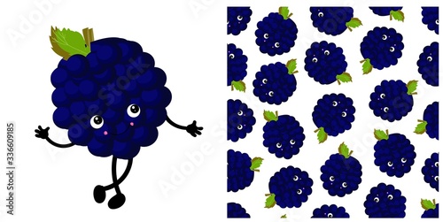 BLACKBERRY character. Cute funny berry. Berry seamless vector pattern. Bright colors..
