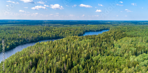 Aerial view of finland in summer.
 green forest and lake in Finland.