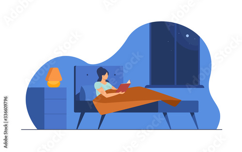 Young woman reading book before going to sleep. Girl resting in bed near bedside lamp and window at night. Vector illustration for bookworm, literature, hobby concept
