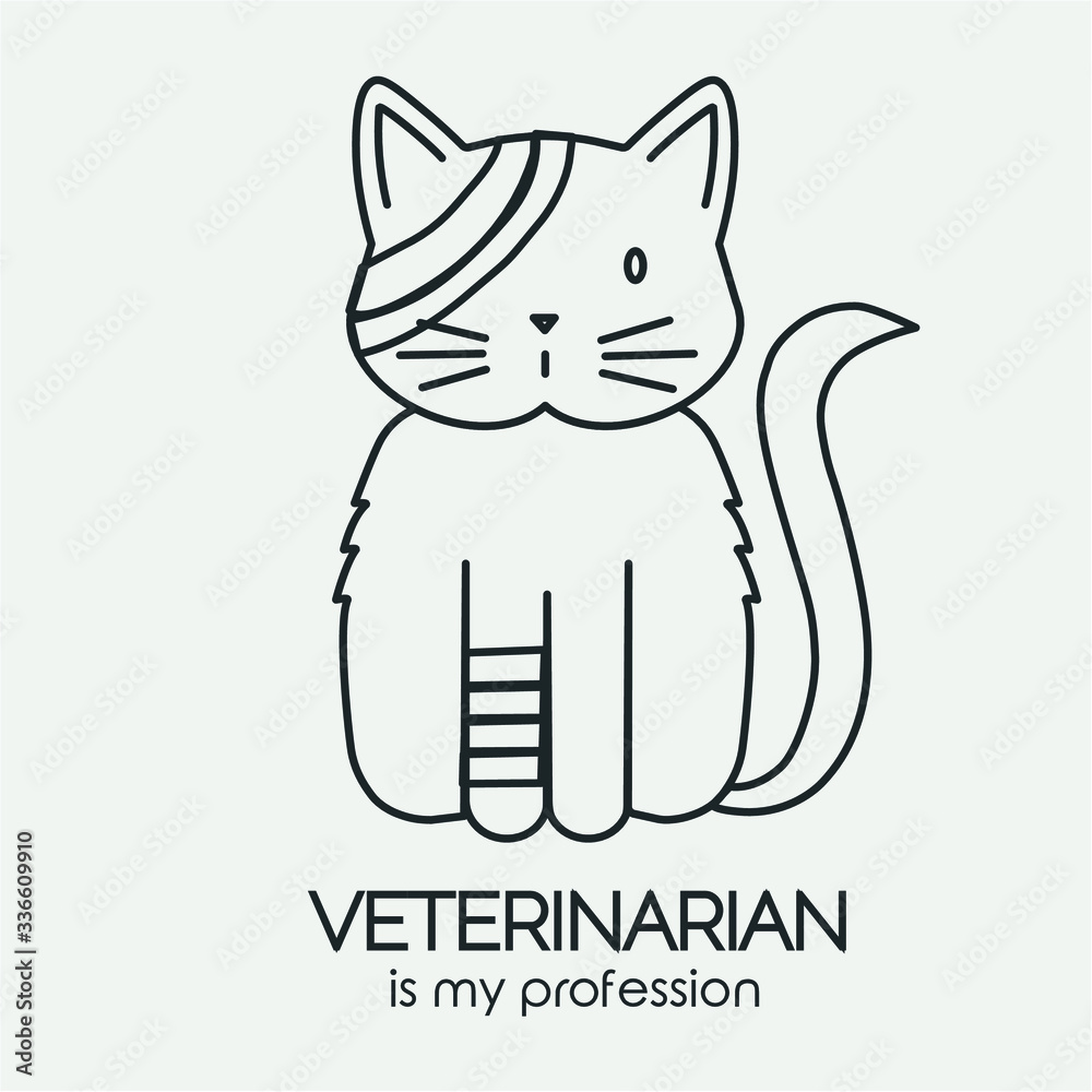 Vector linear icon bandaged cat with text veterinarian is my profession Vector linear icon bandaged cat with text veterinarian is my profession