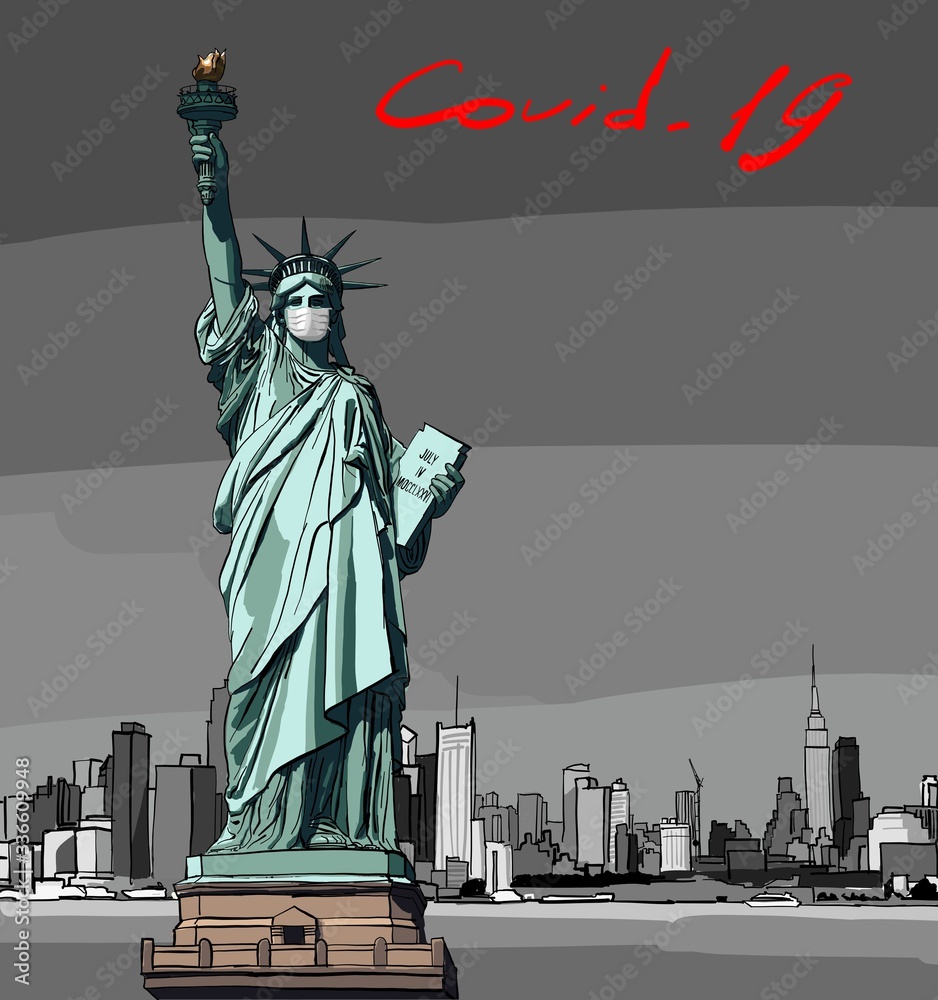 Fototapeta premium Statue of Liberty in a protective medical mask. Coronovirus pandemic - Covid-2019