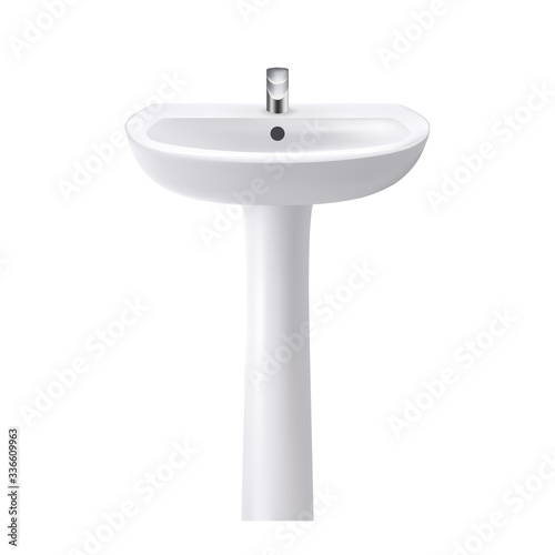 Bathroom Sink For Washing Hands And Face Vector. Standing On Pedestal Sink Ceramic Domestic Equipment With Faucet For Hygiene. Restroom Interior Furniture Template Realistic 3d Illustration