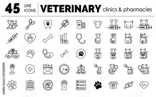 Big vector linear icon set for veterinaryan clinics and pharmacies websites with dog, cat and different vet symbols