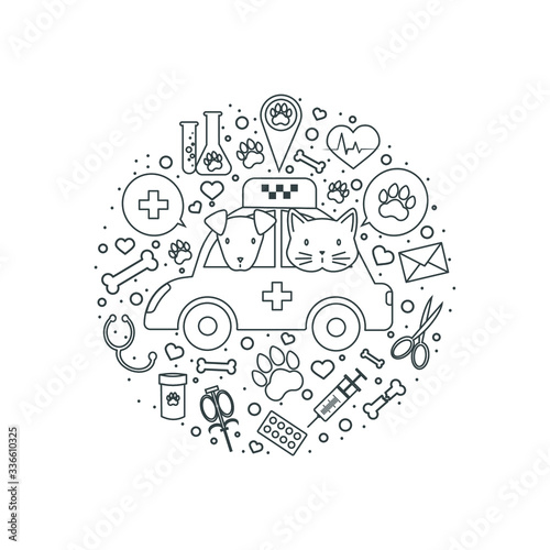 Vector linear icon composition with dog and cat in first aid car surrounded by veterinary symbols on white background