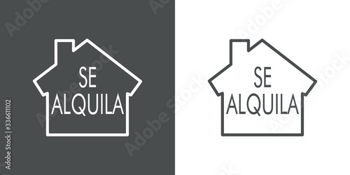 Icono plano lineal casa con texto SE ALQUILA en fondo gris y fondo blanco