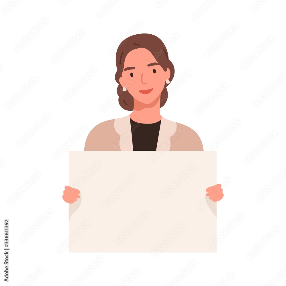 Smiling lady carrying a blank placard with a place for text isolated on white background. Female activist, woman holding an empty paper sheet. Vector illustration in flat cartoon style Smiling lady carrying a blank placard with a place for text isolated on white background. Female activist, woman holding an empty paper sheet. Vector illustration in flat cartoon style