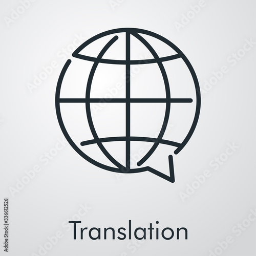 Icono plano lineal mundo como globo de habla con texto Translation en fondo gris