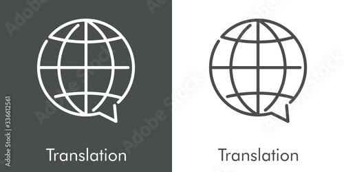 Icono plano lineal mundo como globo de habla con texto Translation en fondo gris y fondo blanco