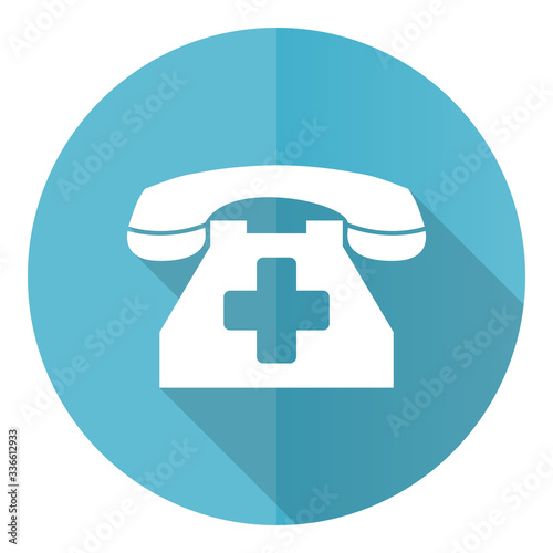 Emergency call blue round flat design vector icon isolated on white background, phone illustration in eps 10