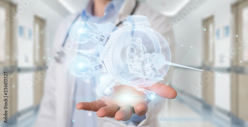 Fototapeta Naklejka Na Ścianę i Meble -  Scientist holding and touching hologaphic spaceship projection in his hands 3D rendering