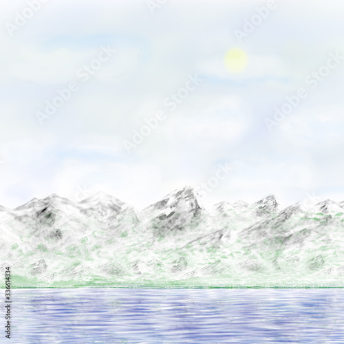 Mountain landscape. Watercolor mountains in the clouds. Mountain lake, sea or river. A view of the water and mountains from afar.