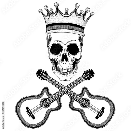 Vector skull with crown with guitars. Logo for shirt, musical poster