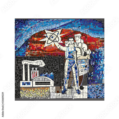 Soviet mosaic scientist and worker. Vector illustration.