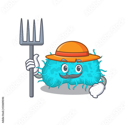 Cartoon character design of bacteria prokaryote as a Farmer with hat and pitchfork