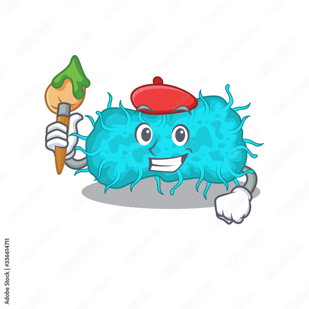 Naklejka premium A creative bacteria prokaryote artist mascot design style paint with a brush