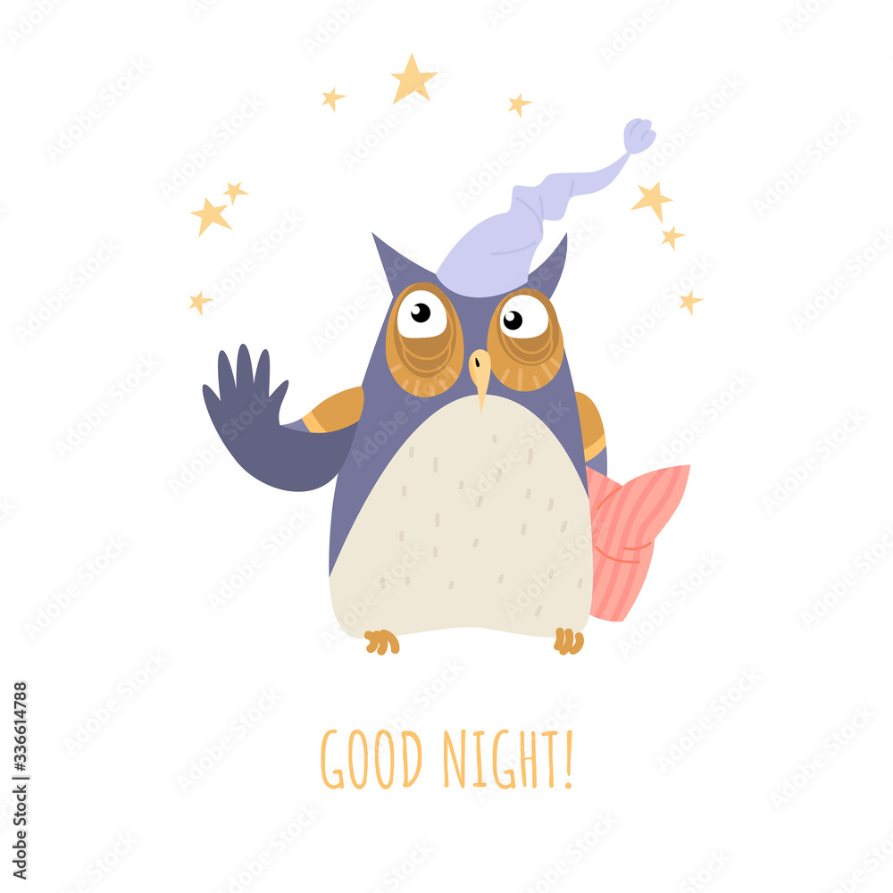 Obraz premium Good night concept with a cute cartoon owl in a nightcap and with a pillow isolated on white background