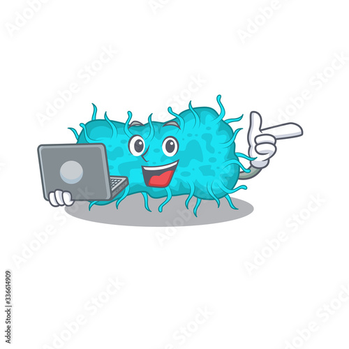 Cartoon character of bacteria prokaryote clever student studying with a laptop