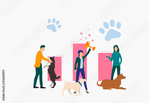 Dog owners celebrating victory at dog show. Winner, award, animal concept. Vector illustration can be used for topics like entertainment, competition, dog show